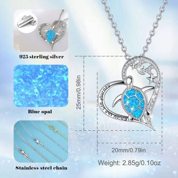 925 Sterling Silver Turtle Necklace with Heart Blue Opal Ocean Jewelry for Women - Picture 5 of 8